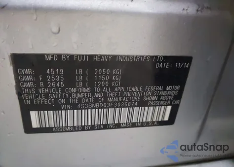 2015 Subaru Legacy 2.5I Premium z USA, uszkodzony, nr VIN 4S3BNBD63F3036874